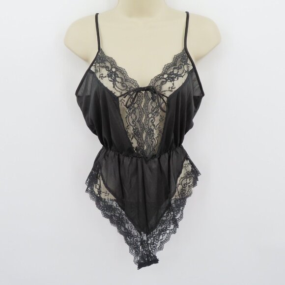 VTG Ms Leslee Small Black Lace Trim Spaghetti Strap Front Tie Playsuit One Piece - Picture 9 of 10